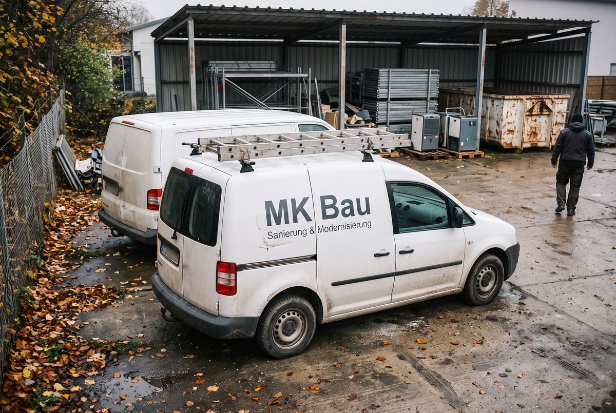 Betriebshof im Herbst: beschrifteter MK-Bau-Transporter mit Leiter auf dem Dach, dahinter ein zweiter Transporter, Gerüstteile, Bautrockner und Container; ein Mitarbeiter geht zur Halle