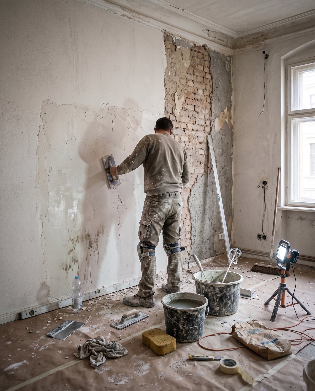 Handwerker verputzt eine Wand in einer Altbauwohnung; daneben freigelegtes Mauerwerk, Eimer, Kellen, Richtlatte und Baustrahler auf dem Abdeckpapier