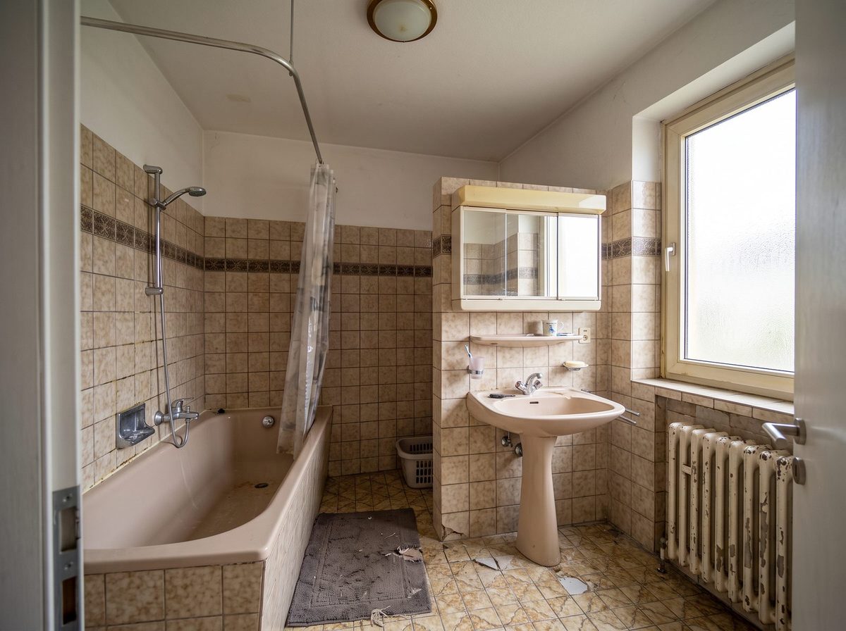 Badezimmer vor der Sanierung: beige Wandfliesen der 1970er Jahre, Badewanne mit Duschvorhang und Standwaschbecken