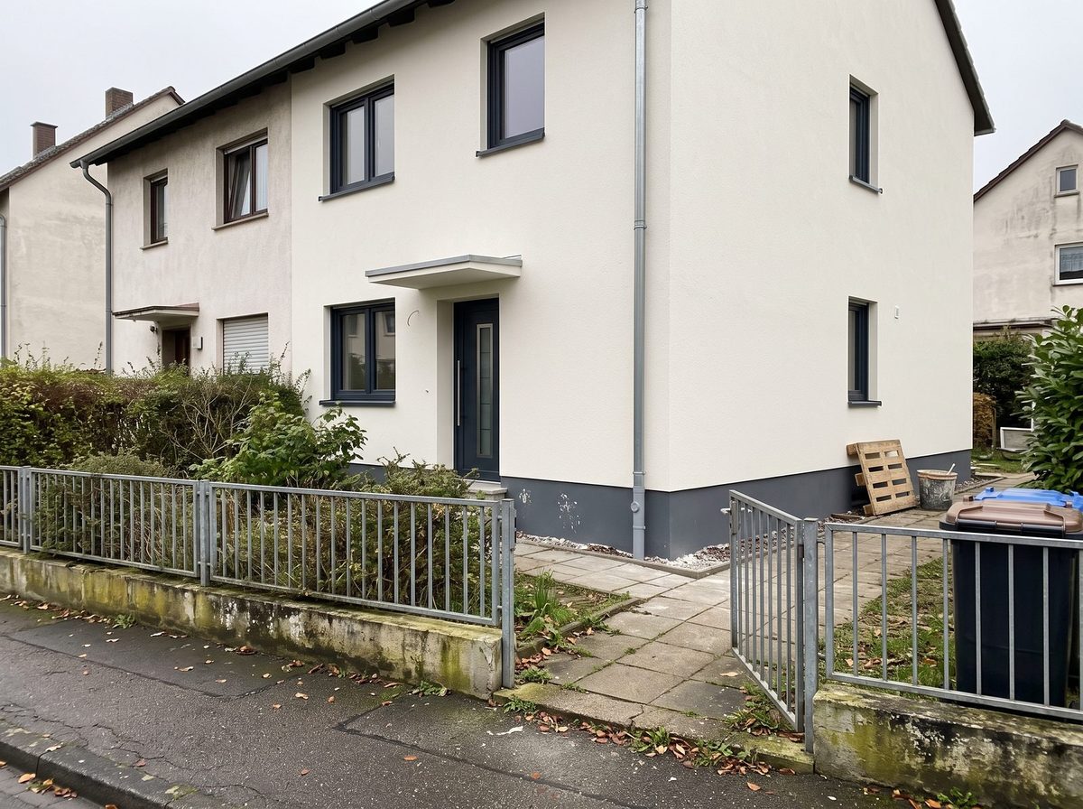 Dieselbe Doppelhaushälfte nach der Fassadeninstandsetzung: heller Putz, grauer Sockel, anthrazitfarbene Fenster und Haustür; davor der Zaun mit offenem Gartentor