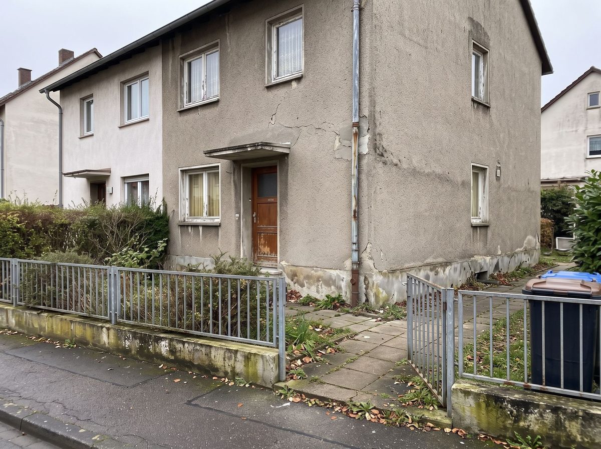 Doppelhaushälfte vor der Sanierung: verwitterter, rissiger Putz, alte Fenster und Holztür, feuchter Sockel; davor ein Metallzaun mit offenem Gartentor